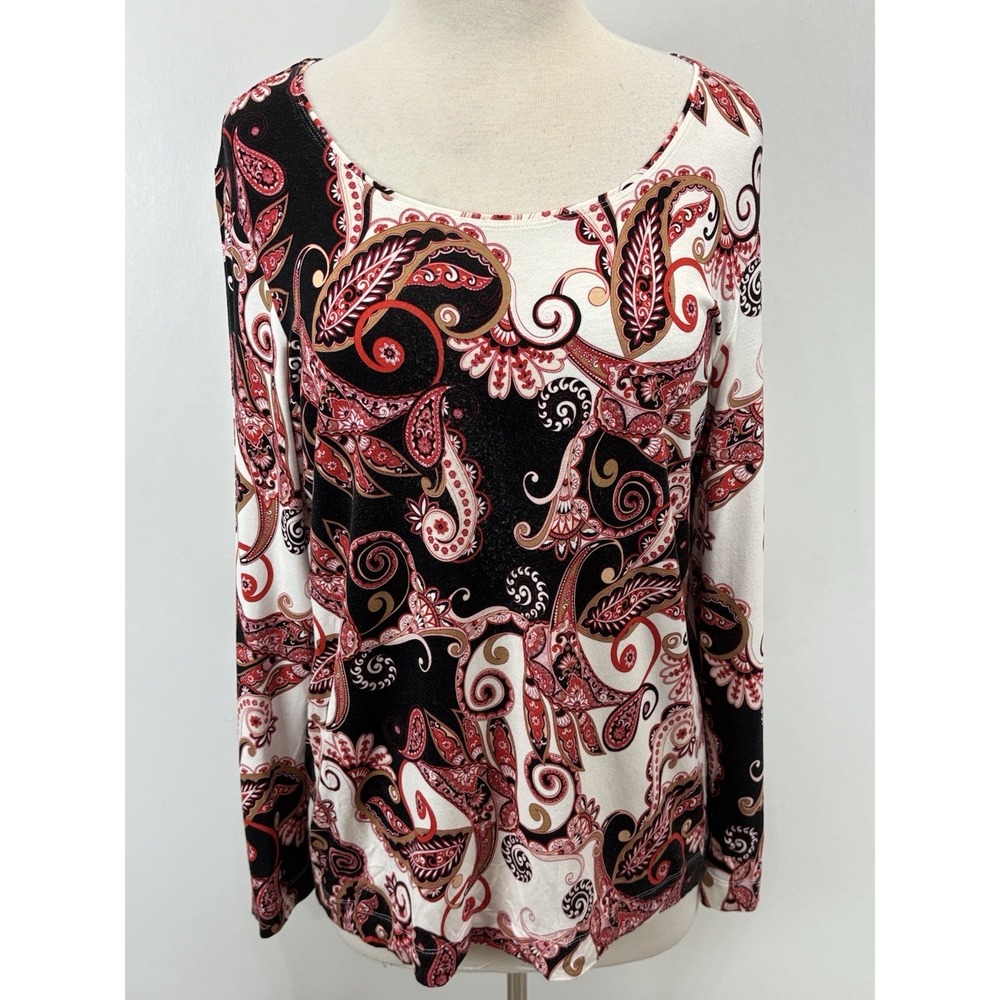 Chicos Jersey Pullover Shirt Top Sz 2 US Large Paisley Pink Black Swirl Stretch